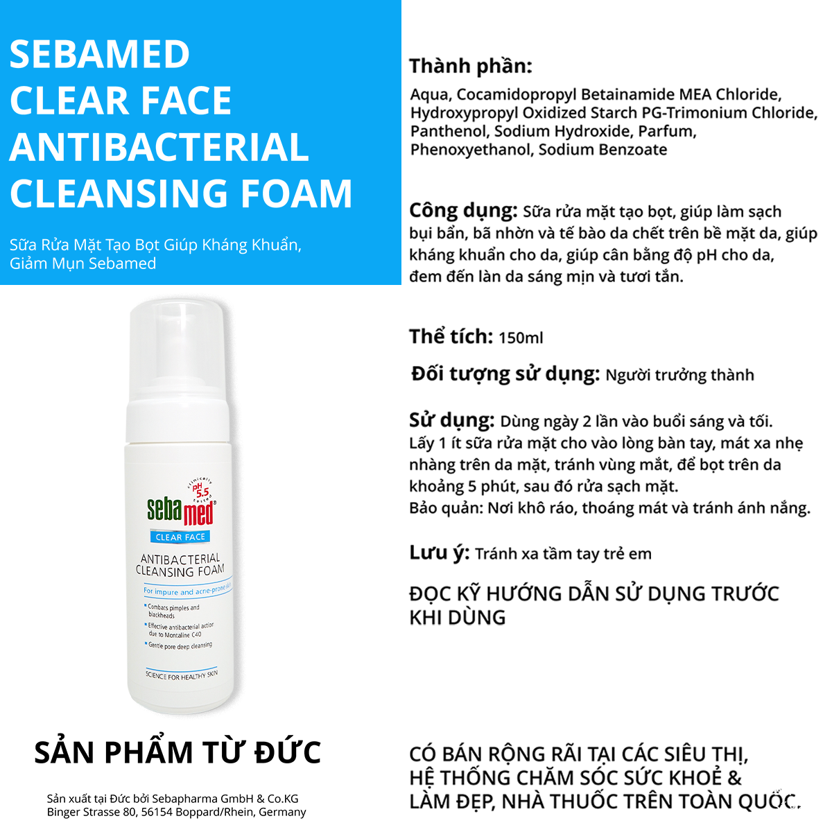 Sữa rửa mặt tạo bọt giúp kháng khuẩn, giảm mụn Sebamed (150ml) 4 - 5 Sữa rửa mặt Sebamed Hàng Đức chính hãng lành tính, phù hợp nhiều loại da và tình trạng mụn.