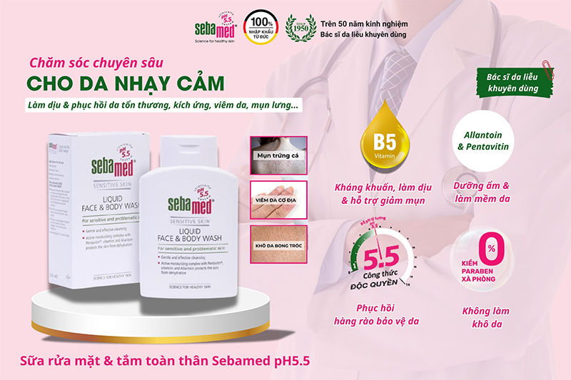 Sữa rửa mặt & tắm toàn thân Sebamed: Bí mật da khỏe từ Đức 10 - 11 Sữa rửa mặt và sữa tắm toàn thân Sebamed pH 5.5. chăm sóc da nhạy cảm khỏe mạnh tự nhiên.