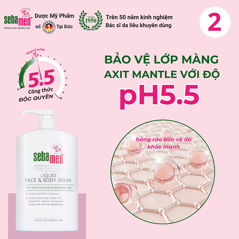 Sữa rửa mặt & tắm toàn thân Sebamed: Bí mật da khỏe từ Đức 14 - 15 Sữa rửa mặt và sữa tắm toàn thân pH 5.5 bảo vệ lớp màng axit Mantle của da.